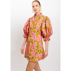 Floral Puff-Sleeve Mini Dress in Pink & Green